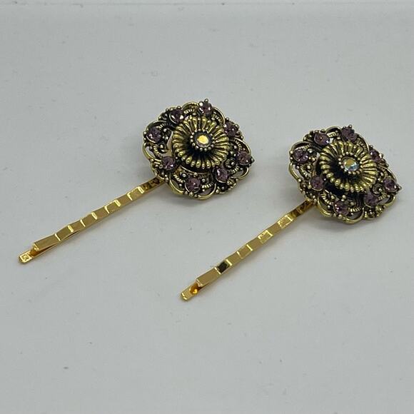 Handmade Brown Rhinestone Gold Set Hair Clips HoCo Wedding Fairy Jewelry NWT - Picture 3 of 6